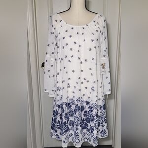 Siren Lily White Navy Floral Shift Dress Medium Long Sleeve Tie Cuffs NWT